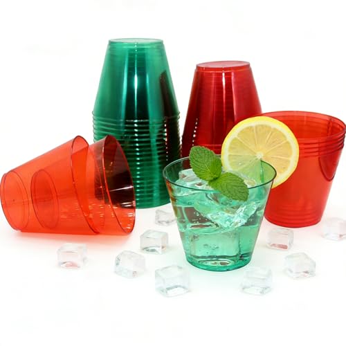 Festizzy 80 PCS 9 Oz Clear Plastic Cups Red and Green Disposable Cups Ice Cream Cups Drinking Tumblers Disposable Wine Glasses for Holiday Parties Ice cream cupsXmas New Year Wedding