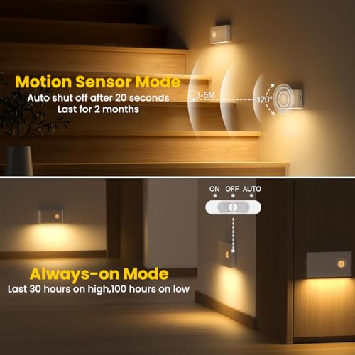 Image of ELEPHANTBOAT 3Pcs Motion Magnetic Night Light 3-Color LED Dimmable Wall Lamp with Motion Sensor 700mAh USB Rechargeable Cordless Wall Light