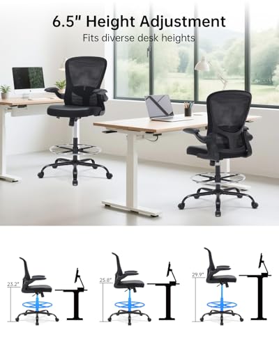 Image of Drafting Chair Tall Office Chair with Flip-up Arms Adjustable Height Standing Desk Chair with Lumbar Support and Footrest Ring Ergonomic Executive Computer Chair Swivel Drafting Stool for Work /Drawing