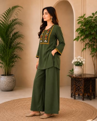 Image of Women's Embroidered Kurta Palazzo Set | Ethnic Co-Ord Set with Printed Design | Casual Traditional Outfit.