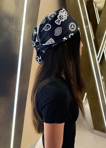 Silk Scarf for Women - Black White Silk Bandana with Taino Symbols, Festival Headwear, Puerto Rico Panoleta de Cabeza3