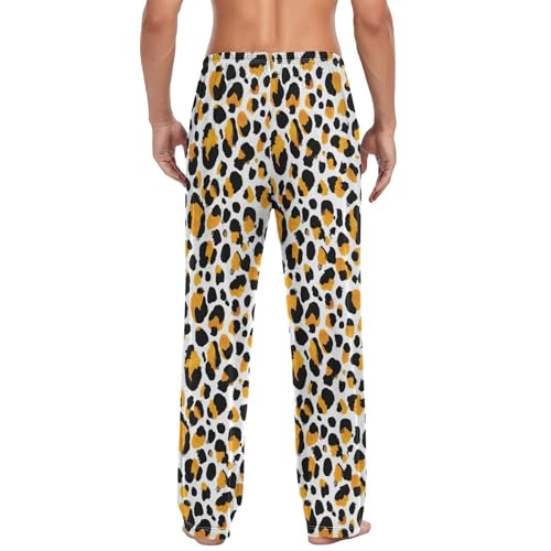Vdsrup Men's Pajama Pants Yellow Leopard Print Pajama Pants for Men PJs Bottoms Drawstring Pockets White Sleep Lounge Pants S2
