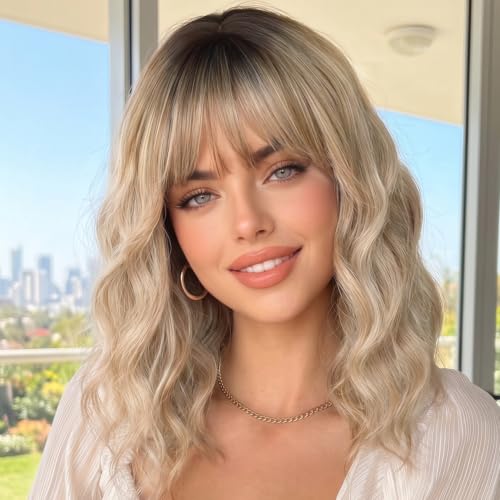 Image of AISI HAIR Bob Curly Wig with Bangs Short Wavy Wigs for Women | 14 inch, Ready to Wear, Heat Resistant Fiber Hair, Shoulder Length wig, Natural Appearance, Beginner Friendly for Daily