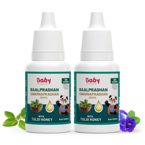 Image of BabyOrgano Swarnaprashan Drops for Kids | Suvarnaprashan 24K Gold Drops, Swarna Bhasma, Brahmi, Shankhpushpi, Vacha, Tulsi & Honey, Immunity, Brain & Growth Support | AYUSH Approved | Tulsi Honey | 15ml (Pack of 2)