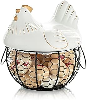 Egg Basket, Egg Boxes with Ceramic Lid and Handles Large Black Wire Egg Holder Cute Metal Mesh Container Can Used as Fruit Onion Storage Unique Decorative for Home Countertop Kitchen, White Chicken