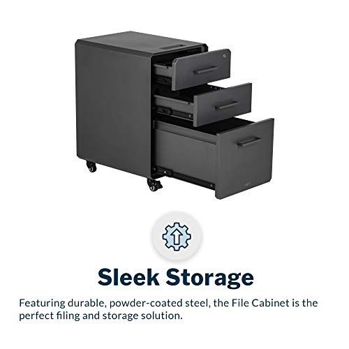 Image of Vari Three Drawer File Cabinet - Mobile Filing Cabinet for Home or Office - Hanging File Storage - Lockable Drawers with Heavy-Duty Steel and Rolling Casters - Charcoal Grey
