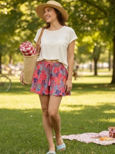 Image of KE KANHA EXPORTS Women's Boho Printed Viscose Flared Shorts | Skort‑Style Silhouette | Elastic Waist with Tassel Drawstring | Lightweight Summer Casual