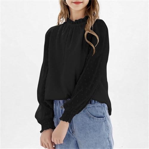 Girls Long Sleeve Shirts Chiffon Blouses Swiss Dot Frill Neck Casual Loose Cute Top Tee 2025 Trendy Kids Girl's Tops2