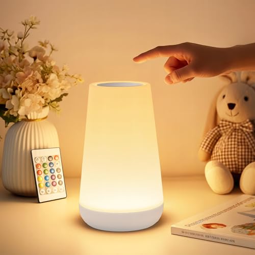 Bonsery LED Nachttischlampe Touch Dimmbar mit Fernbedienung, Warmes Kinder Nachtlicht Dimmbar Stilllicht Akku mit Memory, Touch Lampe mit 13 Farbwechsel für Baby Stillen Erwachsene Camping (Weiß)