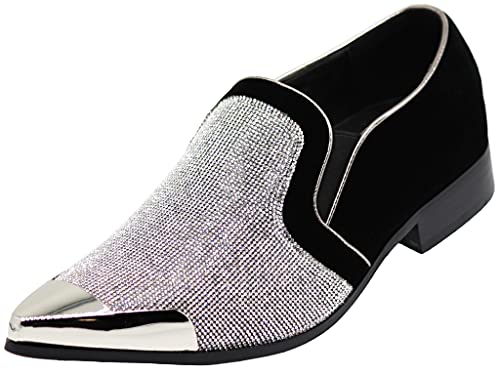 Crisiano Men Stage Fashion Sparkle Rhinestone Suede Metal Chrome Toe Designer Dress Loafers Slip On Shoes Classic Tuxedo Dress Shoes (9 D(M) Us, Silver) #TOP6
