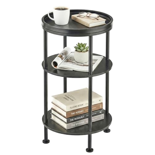 Small Round Side Table with Tray Top, 3-Tier Black End Table for Living Room & Bedroom, Modern Metal Nightstand with Storage Shelf, 11.8" Narrow Accent Table for Small Spaces, Balcony, Classic Black