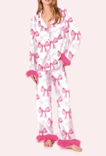 Mommy and Me Valentin's Day Feather Pajamas Set Heart Print Matching Valentin Pjs for Women Girls2