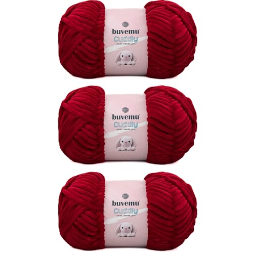 Image of Cuddly Velvet Chenille Yarn, Super Soft Fluffy Bulky for Knitting Crocheting Blanket Amigurumi, Durable for Shedding, 100 Gram (3.53 Ounces) 109 Yards (100 Meters) (Crimson Red) (3 Skeins)
