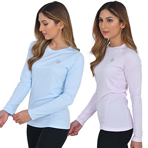 FULL TIME SPORTS® Damen Langarm Rundhalsausschnitt Polyester T-Shirts, Damen Casual Rundhals Pullover Tops für Fitness Workout & Laufen 2er Pack, (Blass Rosa-Blass Blau, X-Small) Cover
