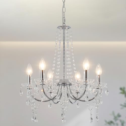 WTUOING Modern Crystal Chandelier, 6 Lights Silver Chandeliers Ceiling Lights Living Room Bedroom, Adjustable Height Chrome Vintage Pendant Light for Kitchen, Dining Room, Hallway