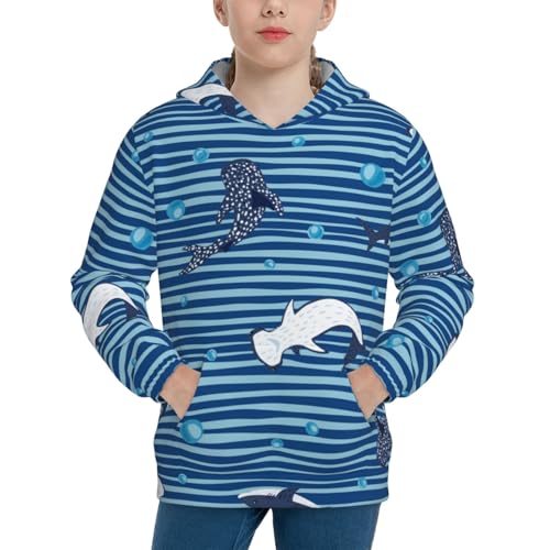 Sharks on White Blue Striped Kid Hoodies Boys Sweatshirts Girls Pullover with Pocket