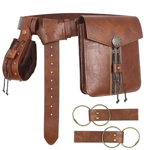 Image of Renaissance Pirate Belt Pouch with Coin Purse Skirt Hike Set | Medieval Viking Pirate Belt Pouch for Halloween Cosplay Ren Faire Accessories,Brown.
