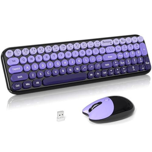 Image of Wireless Keyboard and Mouse Combo, Meidosa 2.4GHz Colorful Full-Size Retro Typewriter Keyboard with Cat Shape 3 Level Adjustable Optical Mouse for PC /Desktop /Laptop /Windows (Black Purple)