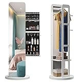 LVSOMT 360° Swivel Jewelry Armoire Cabinet with Full-Length Mirror, Large Capacity White Storage Organizer, Free Standing Floor Mirror W/ Coat Rack, Hanger Rod, Rear Shelves