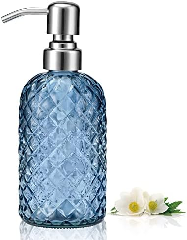 Aywaiw 12oz Kitchen Glass Soap Bottle, Bathroom Soap Dispenser, 304 Rustproof Stainless Steel Pump, Refillable Liquid Glass Soap Dispenser(Blue Grey)