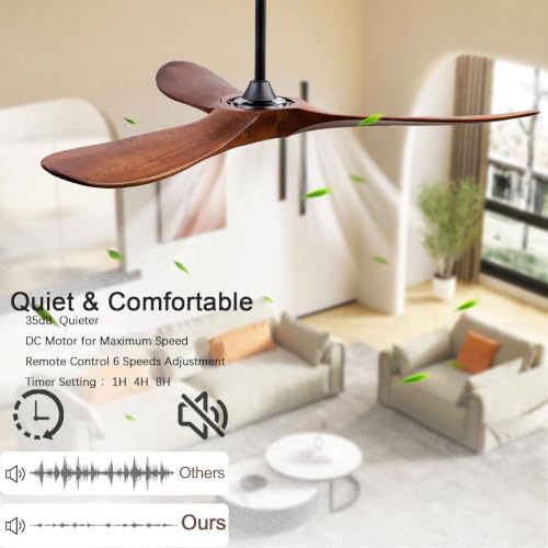 Image of 60 inch Quiet Solid Wood Ceiling Fan, with 6-speed remote control, Black /Walnut