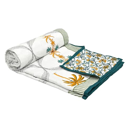 Image of BLOCKS OF INDIA Hand Block Printed Cotton Single Size Reversible Malmal Dohar for Summer (Yellow Tree)