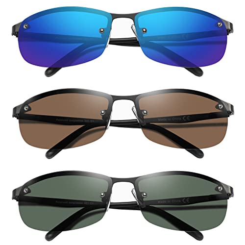 Image of 3 Pack Polarized Sunglasses for Men, Semi-Rimless Frame Driving Fishing Sun glasses UV400 Block Glare /Blue Light