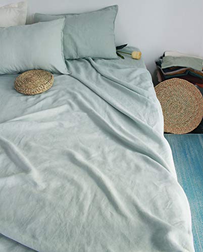 S VICTORY SYMBOL 100% French Natural Linen Bedding Ultra Soft Durable Luxurious Stone Washed 4 Pieces Sheets Set(Water Blue,Queen)