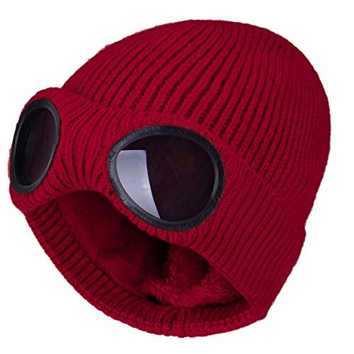 Belsen Unisex Goggle Knitted Beanie Hat Windproof Warm Winter Skull Cap (Wine Red)
