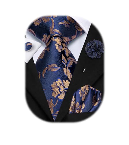 Image of Hi-Tie Mens Paisley Floral Striped Ties Set Silk Necktie and Lapel Pin for Men Pocket Square Cufflinks Set Business Wedding