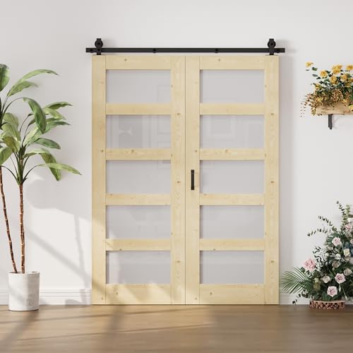 Image of 60 inchx80 inch 5-Lite Frosted Glass Bifold Barn Door with 64 inch Track Kit, Pine Slab