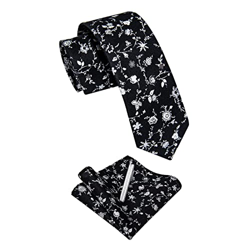Image of YourTies Cotton Floral Tie for Men 2.5 inch Printed Skinny Necktie Pocket Square Tie Clip Set Flower Wedding Party Groom