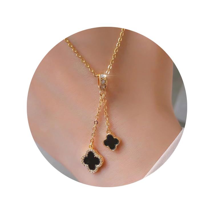 Stainless Steel Double Pendant Clover Necklace with Cubic Zirconia Beads Necklace for Women- Gold Plated- 16 inches to 18 inches Adjustible Chain- a Touch of Glamour. The necklace is perfect for everyday wear or special occasions.2
