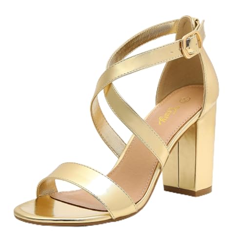 Image of Trary Women's Block Chunky Heel Sandals for Women Open Toe Adjustable Cross Ankle Strap Dress Shoes Walking Wedding Evening Bridal Heels