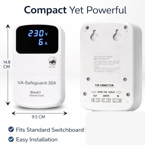 Image of Blackt Electrotech BTSG01 30A Digital Voltage Protector | Adjustable Over & Under Voltage Protection | Real-time Voltage & Current Monitor | 5s /3min Delay Timer for AC, Refrigerator & Water Pump