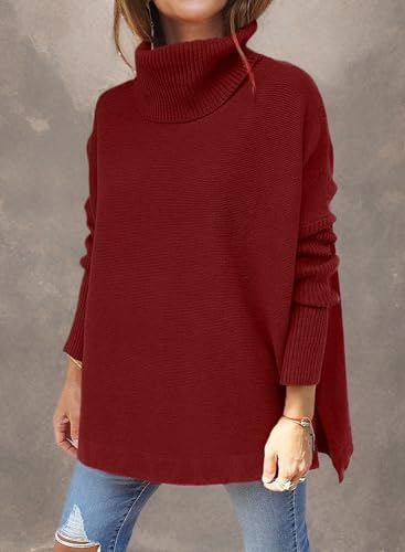 Image of yoeasy Women's Turtleneck Oversized Long Batwing Sleeve Pullover Sweater Spilt Hem Knit Sweater