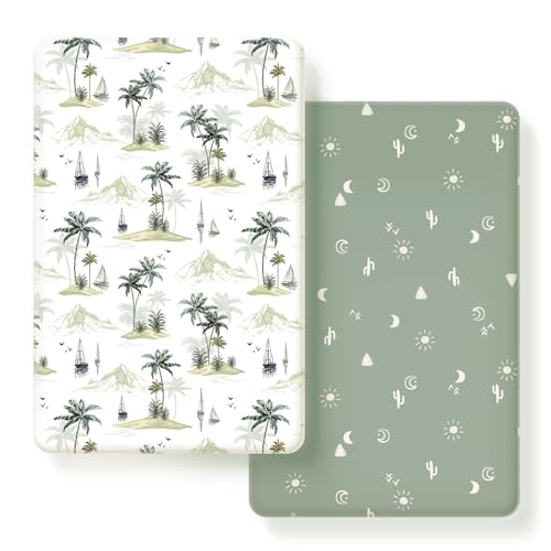 Pack n Play Sheets Fitted 2 Pack, Stretchy Ultra Soft Jersey Knit Pack and Play Sheets, Universal Fitted Portable/Mini Crib Mattresses Snug and Safe, Cute Sunny Holiday Print