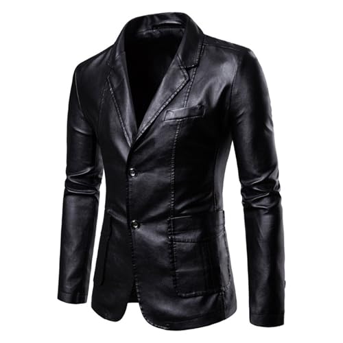 Men's Faux Leather Blazer Slim Fit Suit Jacket Casual two Button Coat Pocketed Overcoat Casual Blazer Jackets for Men