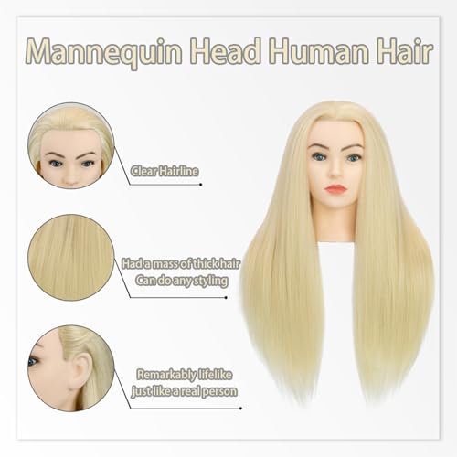 Sirydtm 28\" Mannequin Head with Human Hair Light Blonde 80% Real Hair Blue Eyes Styling Practice Mannequin Head Doll Head for Cosmetology & Hairdresser with Free Clamp Stand and Tools（613#） - Thumbnail 5