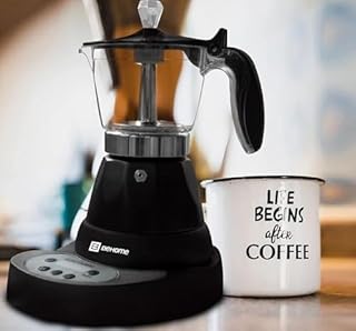 BEHOME Caffettiera Elettrica Programmabile Moka Elettrica 3 Tazze con Timer, Caffè Caldo per 30 Minuti, Base Rotante a 360°, in Alluminio Nera (Con Timer)