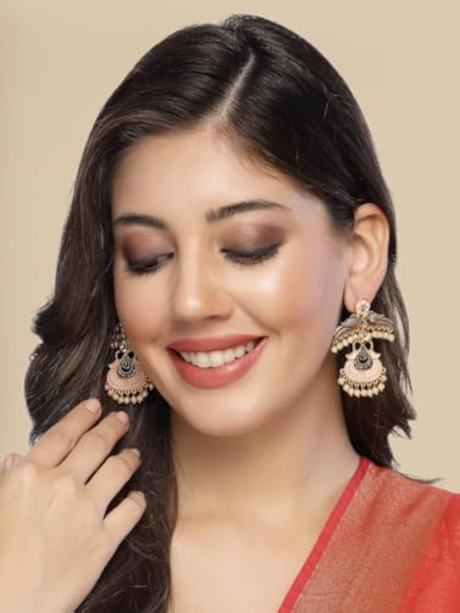 Antique Gold-Plated Pink Hand-Painted Peacock Drop Earrings