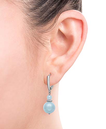 Belacqua Sterling Silver Natural Round Milky Blue Aquamarine, Green Jade Gemstone Beaded Dangle Drop Earrings for Women, Length : 1.5 Inches, Leverback, Gift Box Included2