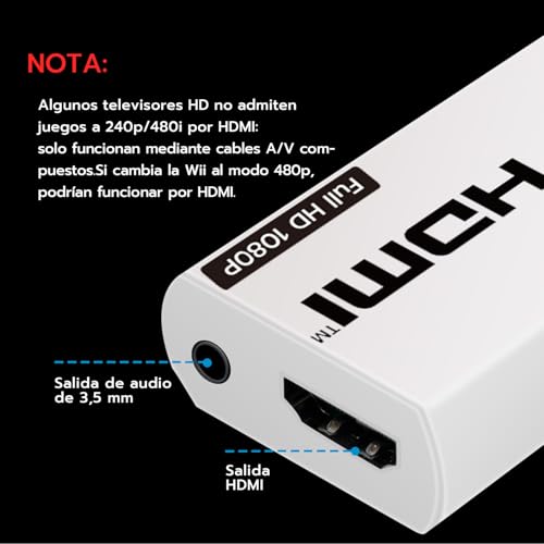 Mcbazel Adaptador Wii a HDMI con Cable HDMI de 1,5 m 1080P, Convertidor de Señal de Video y Audio Wii a 1080P Full HD con Jack de Audio Estéreo de 3,5 mm para Consola Wii, Monitor HDMI, HDTV y Proyect - imagen 6