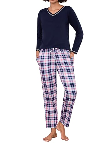 Bresdk Schlafanzüge für Damen Pyjama Baumwolle Winter Schlafanzug Damen Lang Nachtwäsche Karierte Pijamas mit V-Ausschnitt Pyjama Set Zweiteilige...