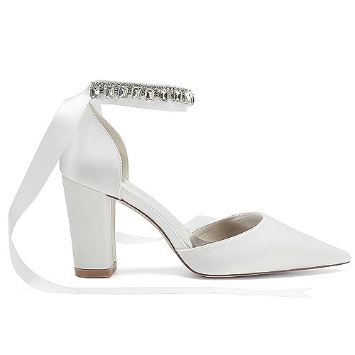 Women's High Chunky Closed Toe Block Heels Satin Crystal Wedding Party Pumps Shoes for Prom Evening Party3