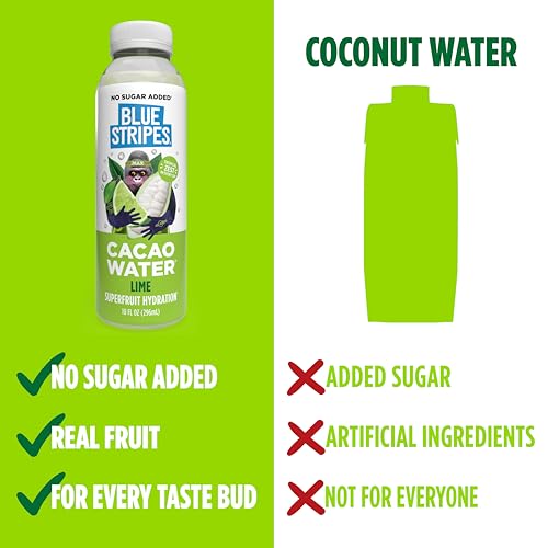 Image of Blue Stripes Lime Cacao Water - Hydration Drink with Natural Electrolytes & Antioxidants | Cold Pressed Cacao Juice, Lime Juice & Water | No Sugar Added, Plant Based, Non GMO | 10 Fl Oz (12 Pack)