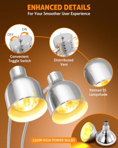 WICHEMI Food Heat Lamp, 500W Commercial Heat Lamp for Food, 2-Head Adjustable Food Warmer Lamp Stainless Steel Portable Electric Buffet Warmer for Parties Restaurant Catering Buffet Kitchen, Silver - Thumbnail 4