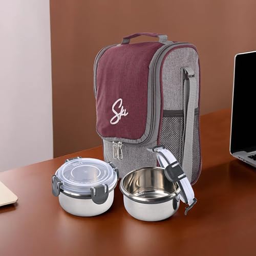 Image of Kuber Industries Leak Proof Lunch Boxes for Office Men & Women with Bottle (750 ml), 4 Container (350 ml) & 2 Spoons Pouch /Bag | Airtight Tiffen Box for School Kids | Grey & Red
