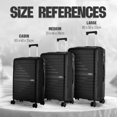 Image of Safari Octane Recessed TSA Lock, 8 Wheels, Hardside (Cabin & Check-in) Polyproplyene Trolley Spinner Luggage Set of 3, Black Color 60Cm, 70Cm & 80Cm, Small, Medium, Large (Black)