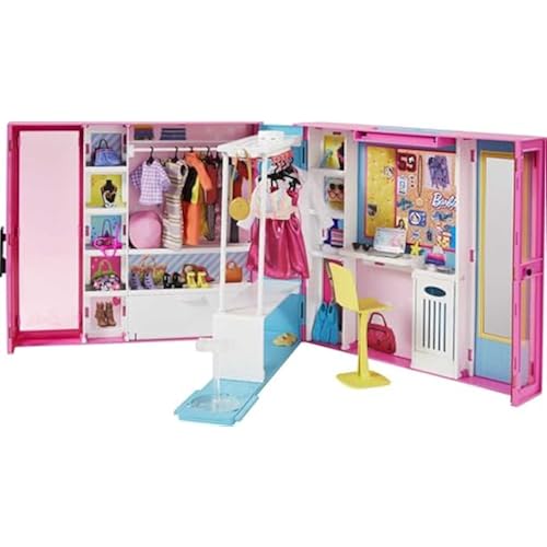 Barbie Dream Closet Playset with 30+ Clothes & Accessories for Barbie Fashion Dolls Including 5 Outfits, Plus Mirror, Desk & Rotating Rack